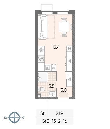 студия, 21.9 м², 14 этаж 