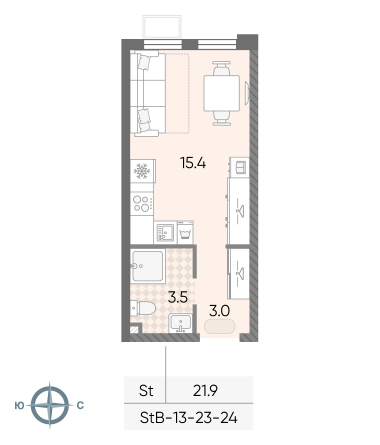 студия, 21.9 м², 23 этаж 