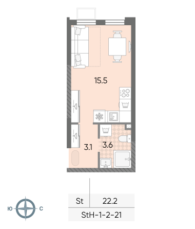 студия, 22.2 м², 21 этаж 
