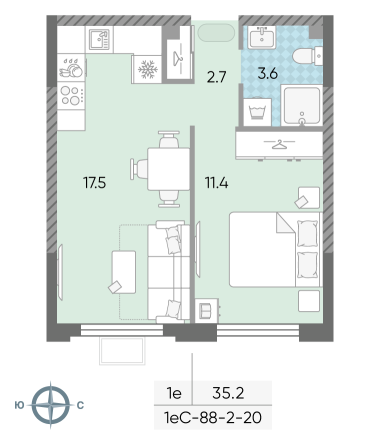 1 комн. квартира, 35.2 м², 2 этаж 
