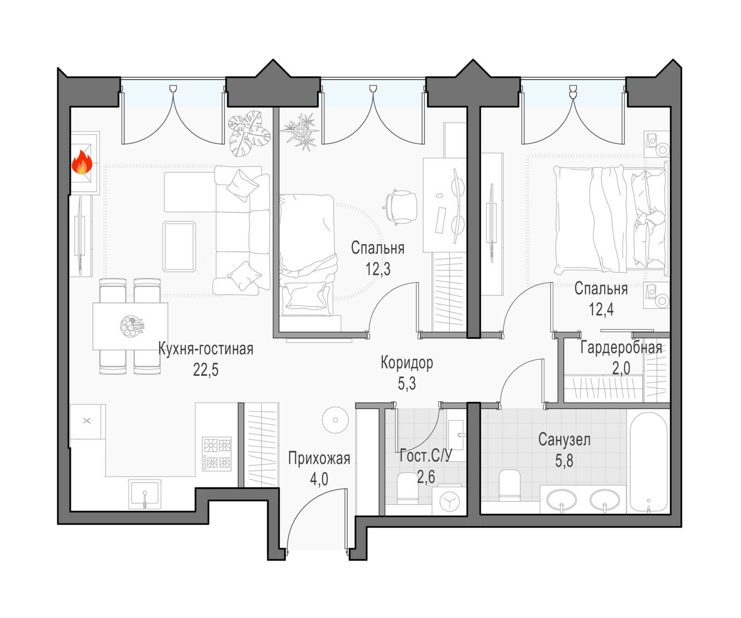 2 комн. квартира, 69 м², 19 этаж 