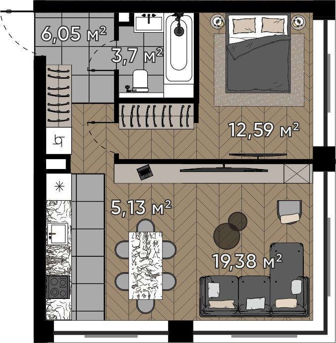 1 комн. квартира, 46.9 м², 12 этаж 