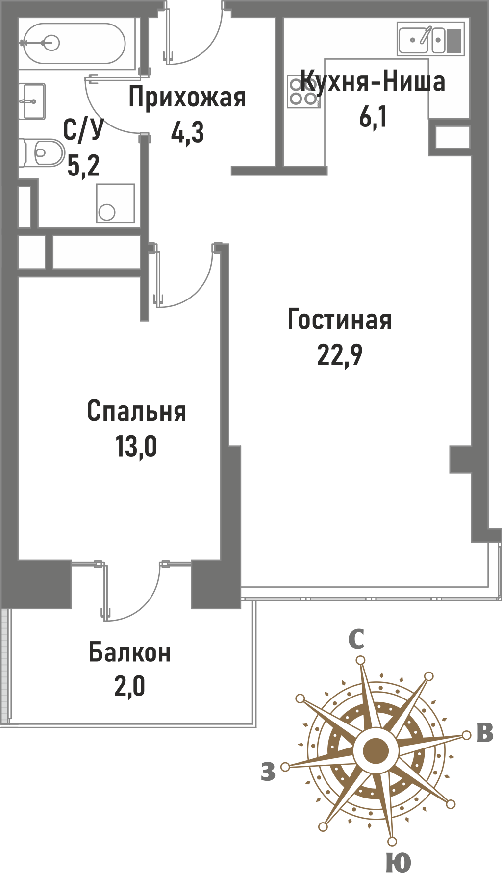 2 комн. квартира, 52.6 м², 6 этаж 