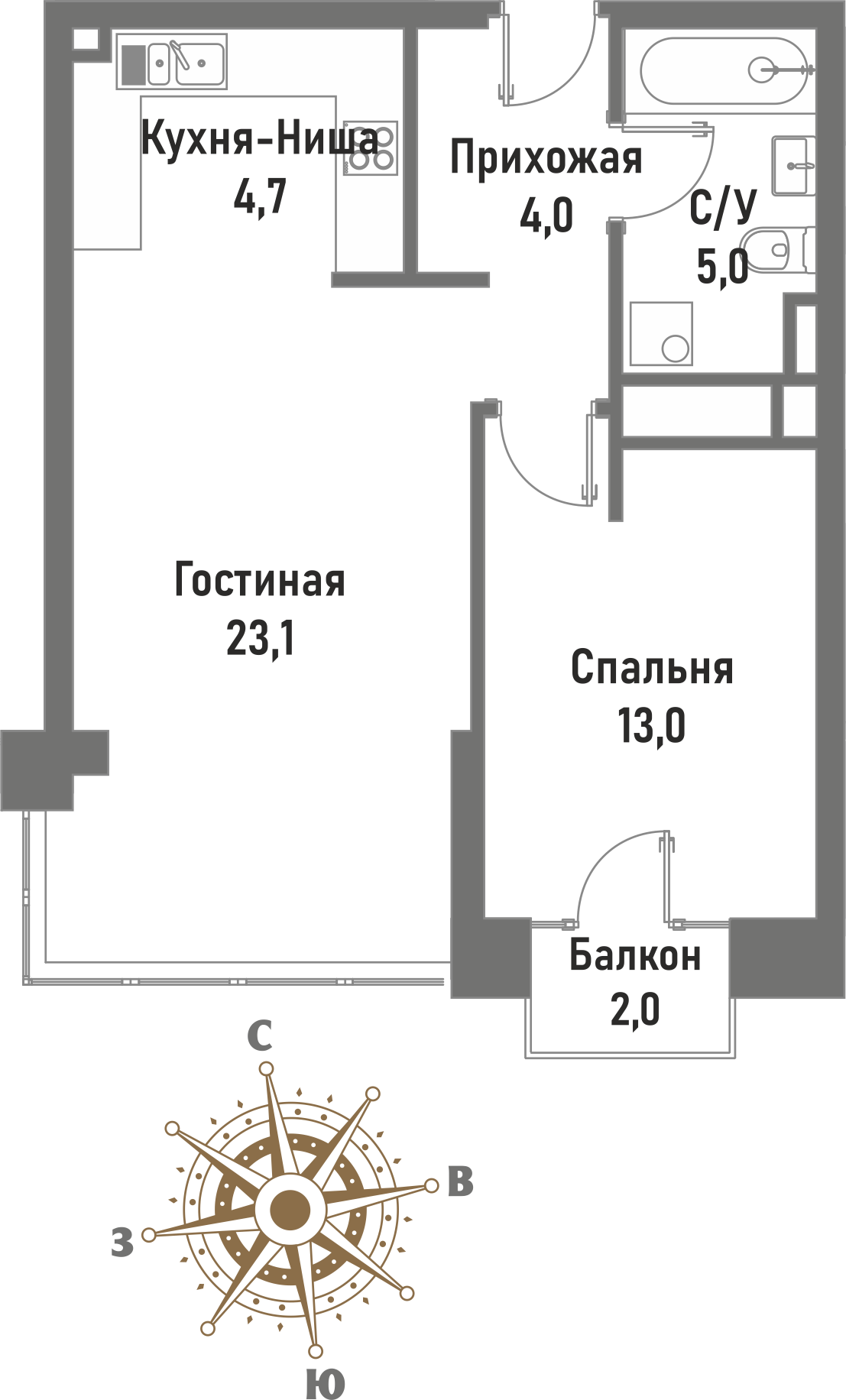 2 комн. квартира, 52.8 м², 9 этаж 