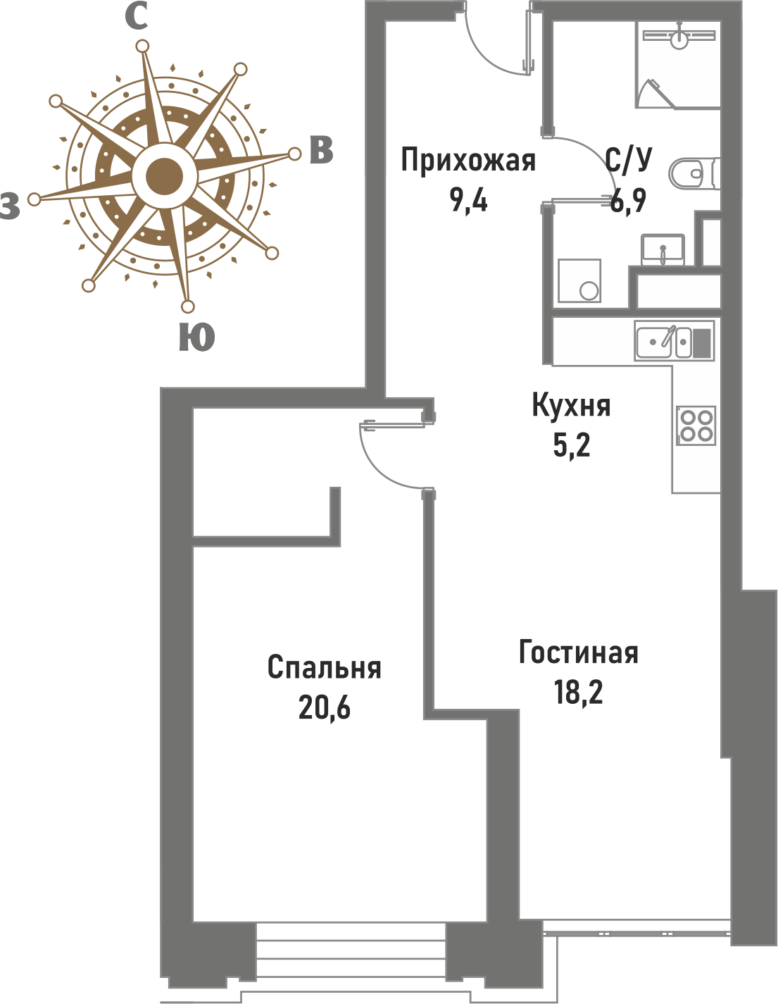 2 комн. квартира, 60.3 м², 2 этаж 