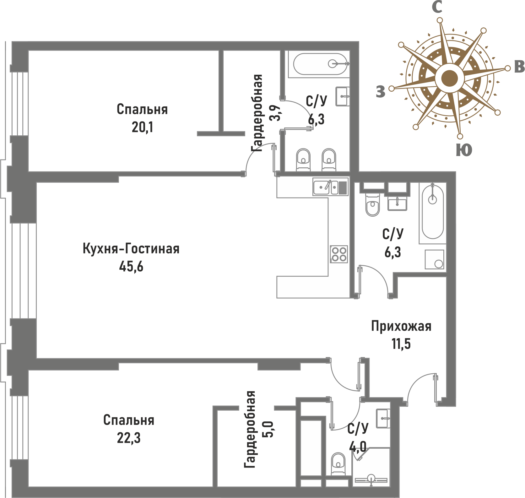 3 комн. квартира, 122.3 м², 3 этаж 