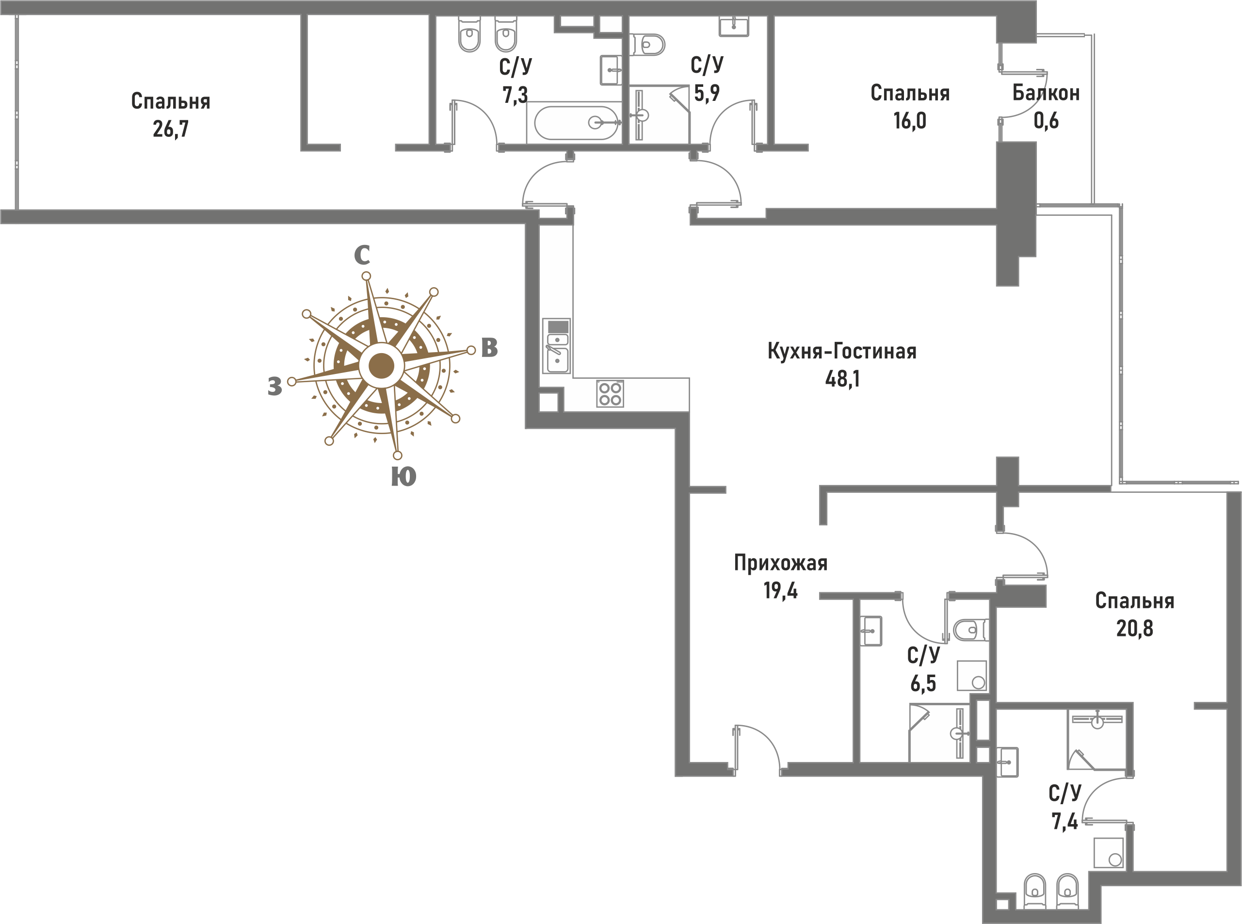 4 комн. квартира, 159.2 м², 12 этаж 