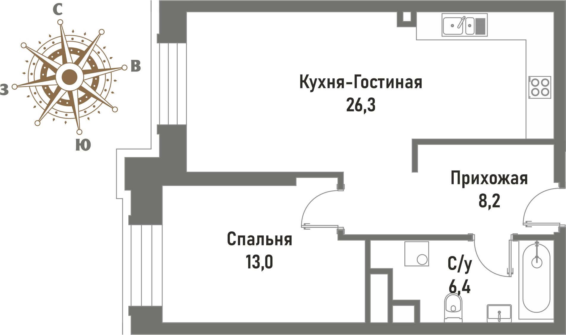 2 комн. квартира, 53.9 м², 2 этаж 