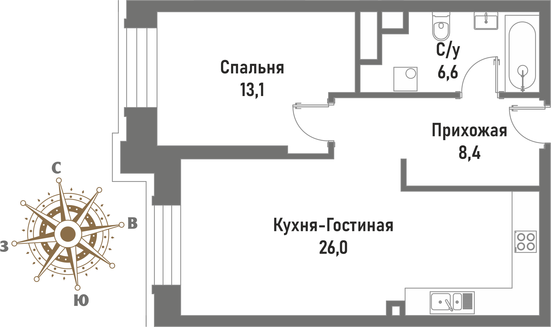 2 комн. квартира, 54.1 м², 3 этаж 