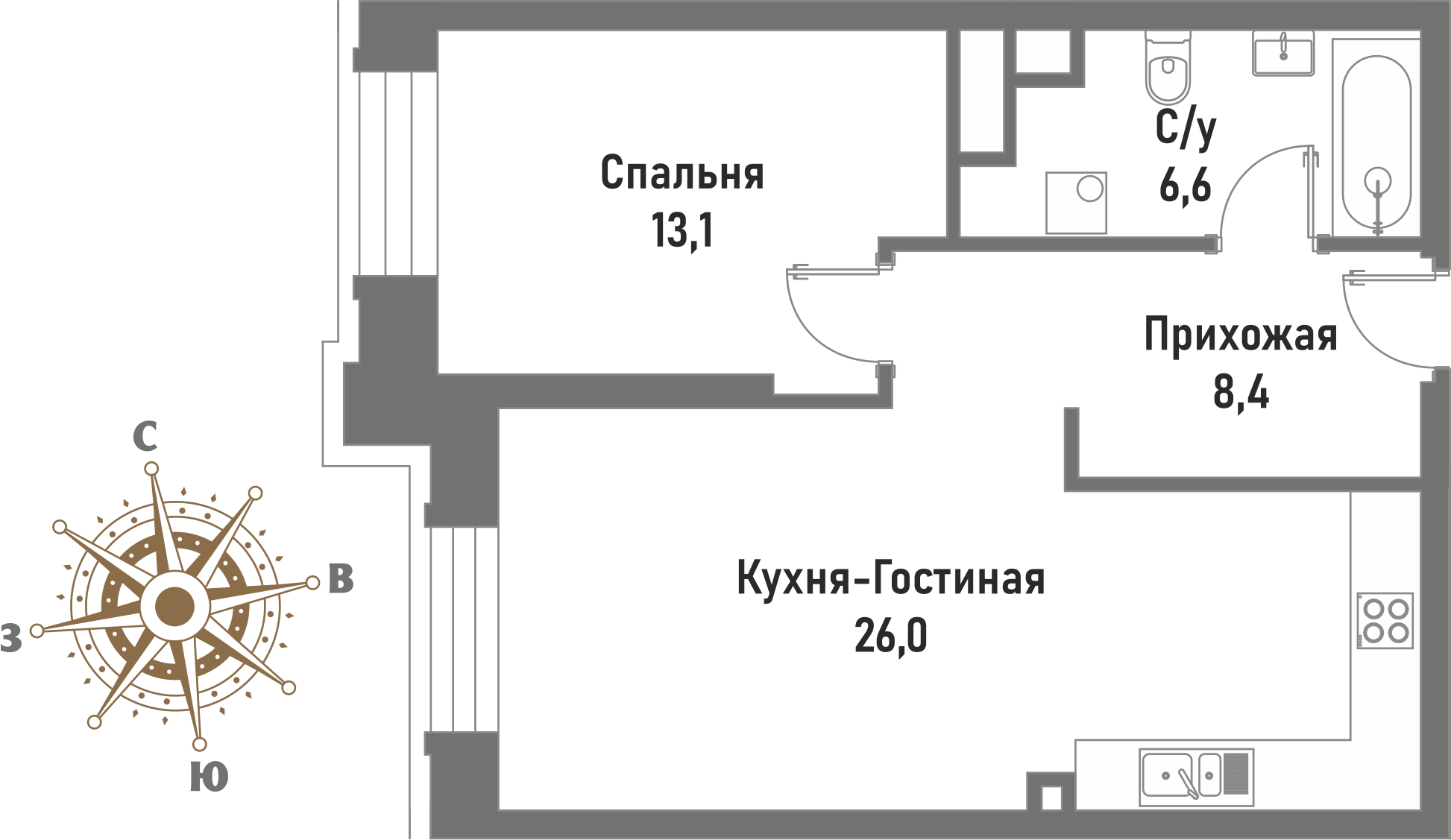2 комн. квартира, 51 м², 4 этаж 