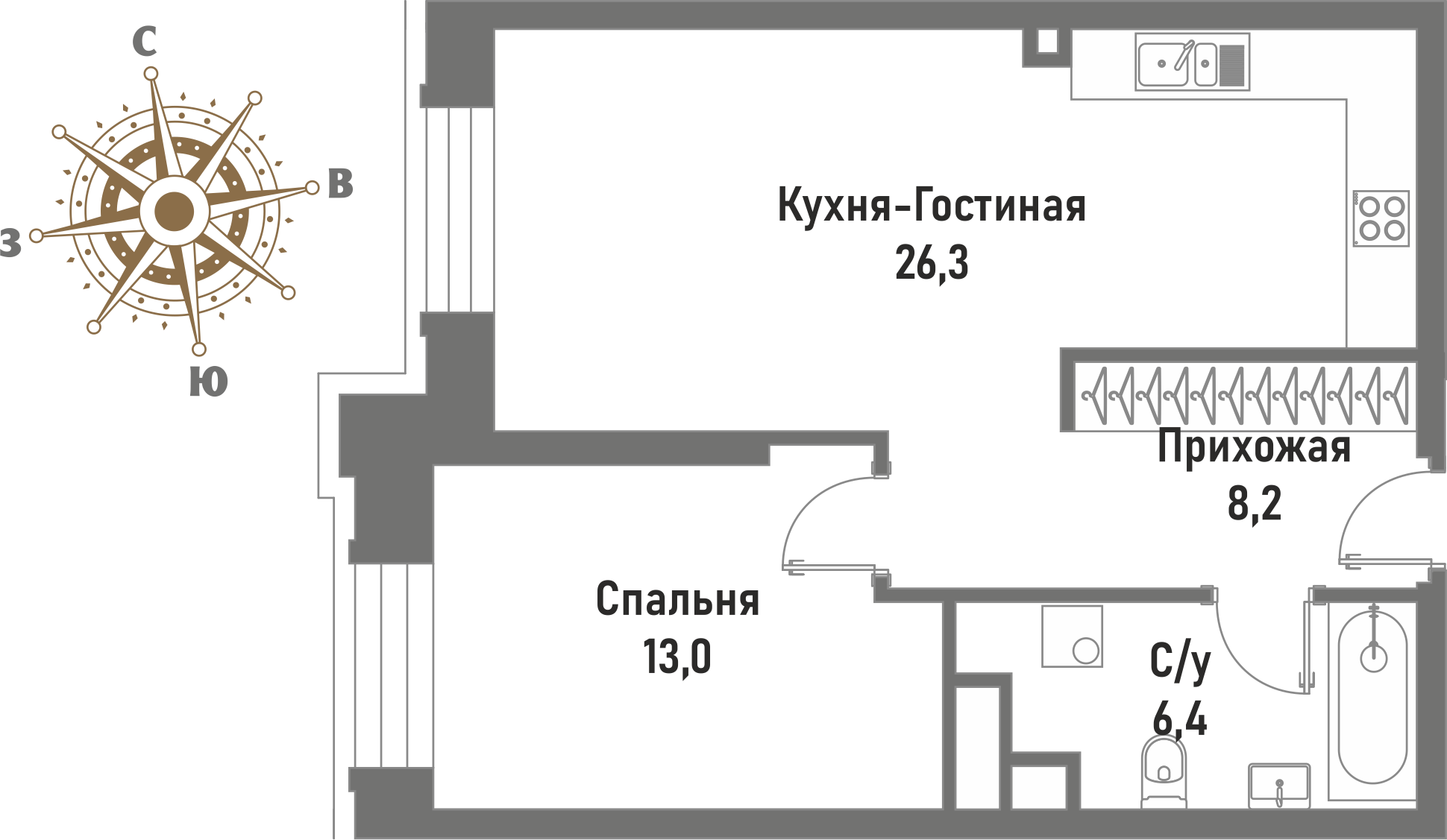 2 комн. квартира, 50.8 м², 4 этаж 