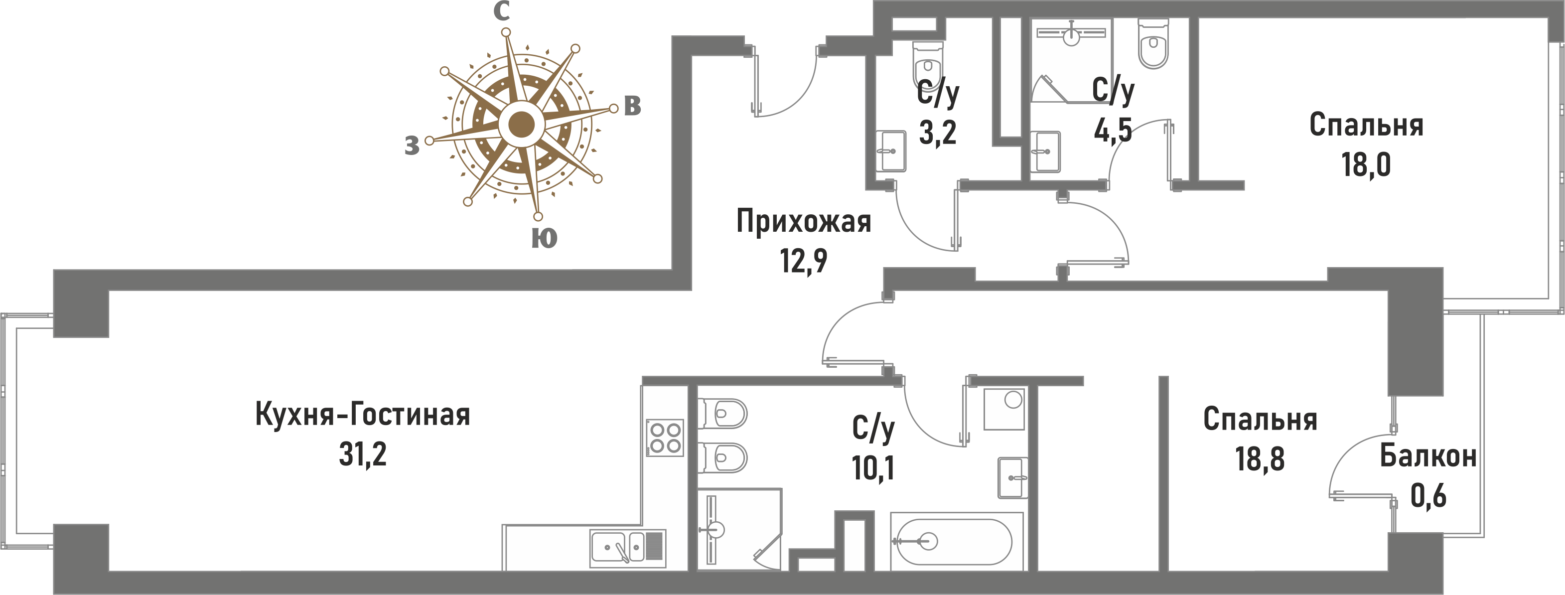3 комн. квартира, 99.2 м², 10 этаж 