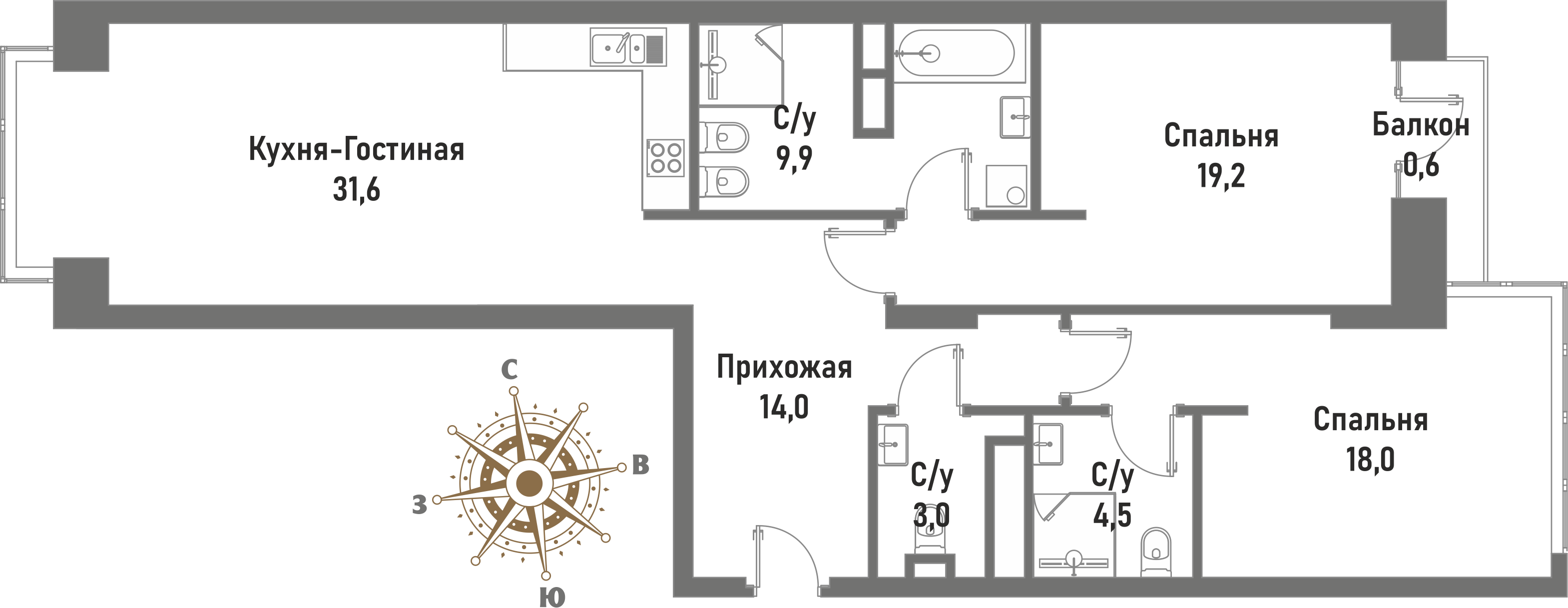 3 комн. квартира, 100.6 м², 10 этаж 