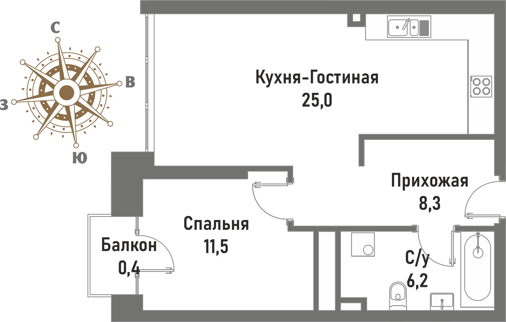 2 комн. квартира, 51.3 м², 11 этаж 