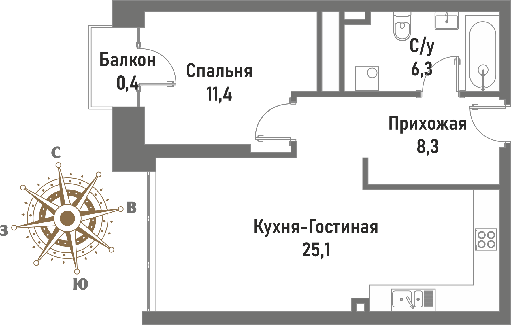 2 комн. квартира, 51.4 м², 12 этаж 
