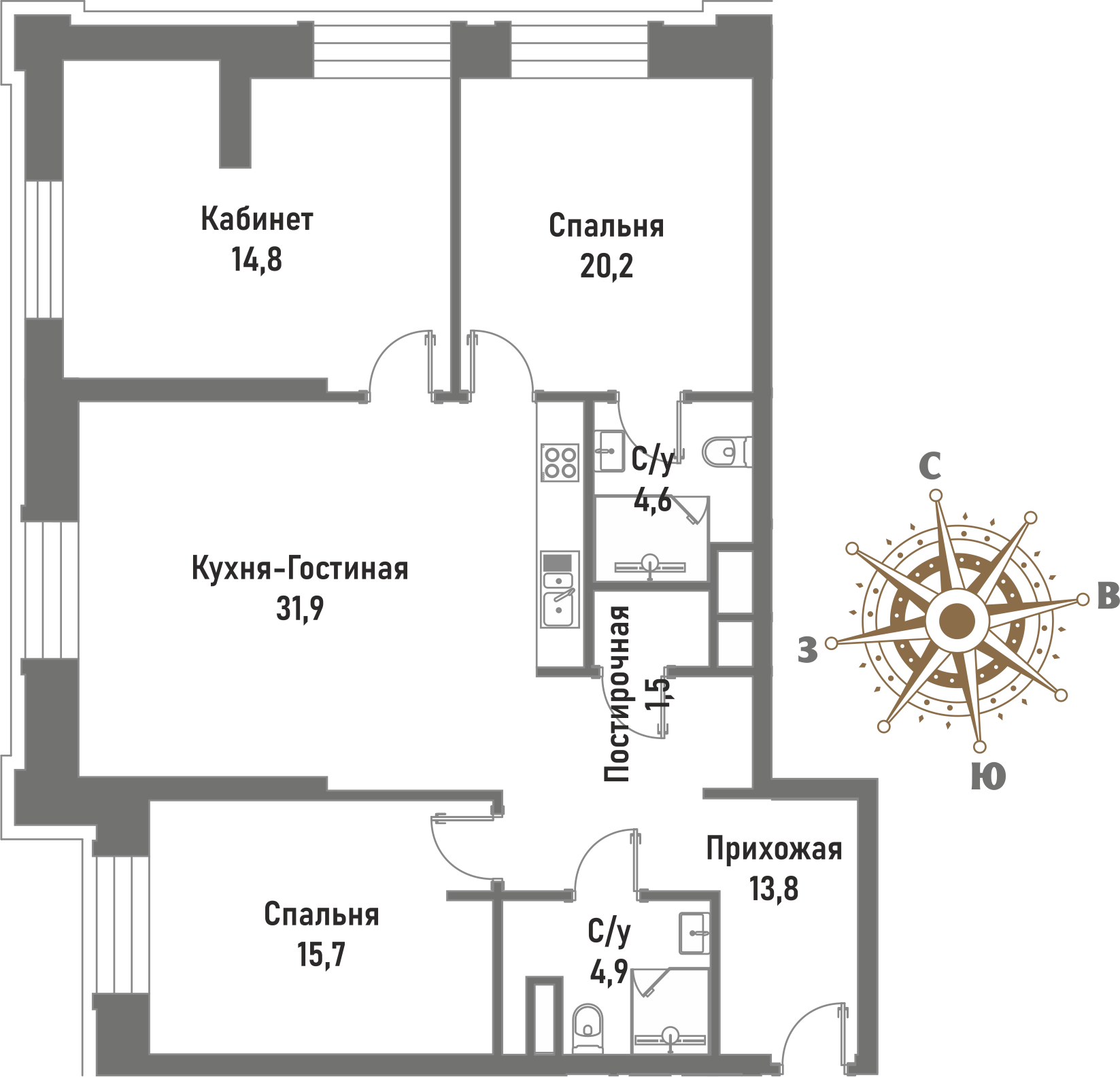 4 комн. квартира, 107.4 м², 2 этаж 
