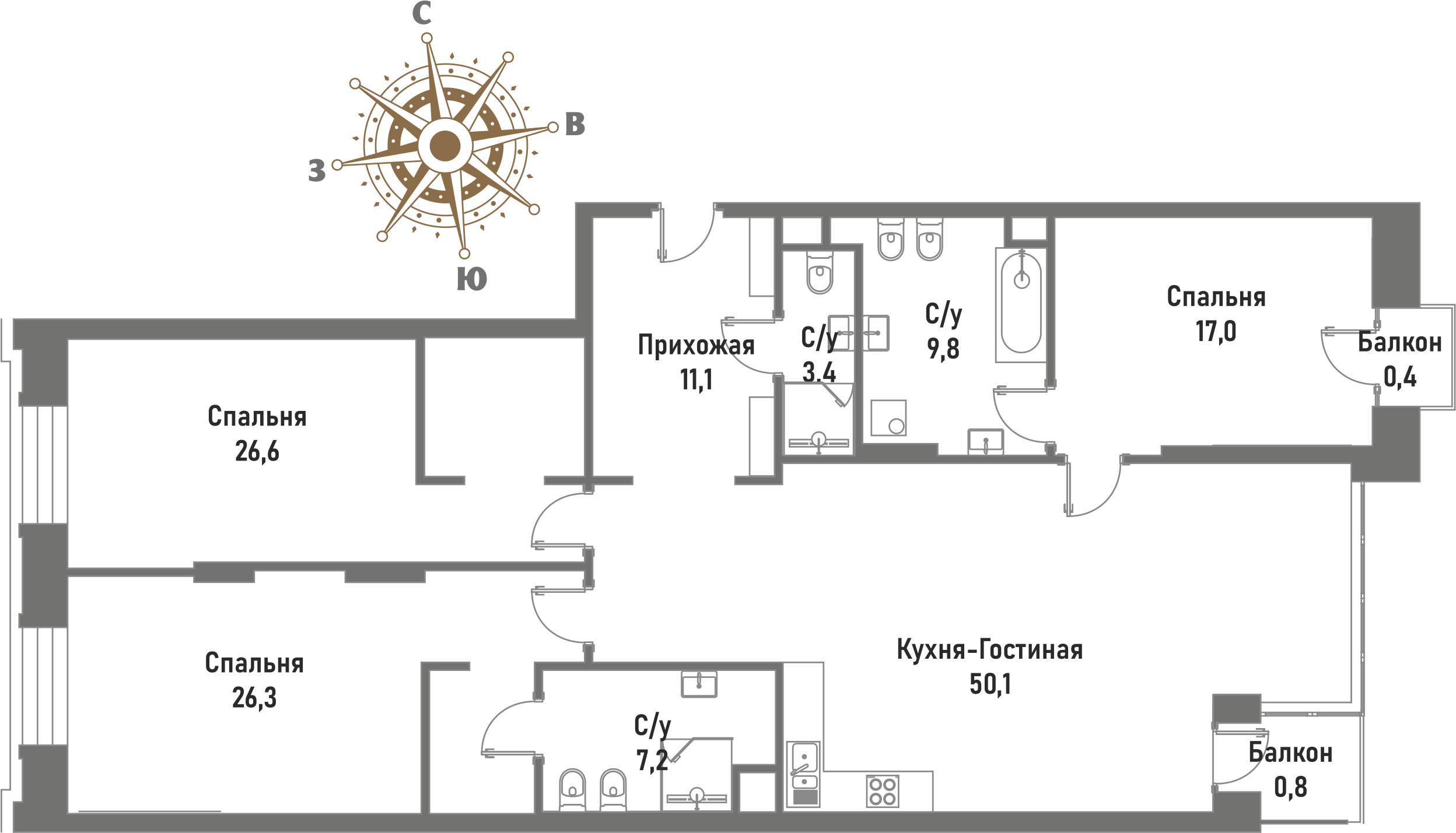 4 комн. квартира, 151.9 м², 3 этаж 