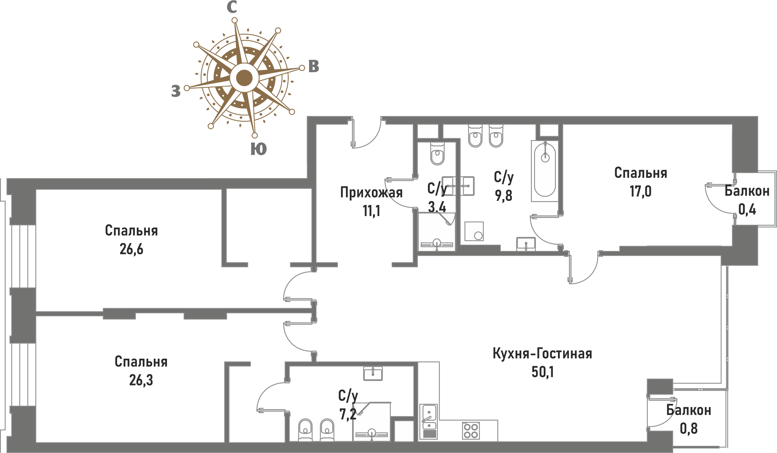 4 комн. квартира, 150.4 м², 4 этаж 