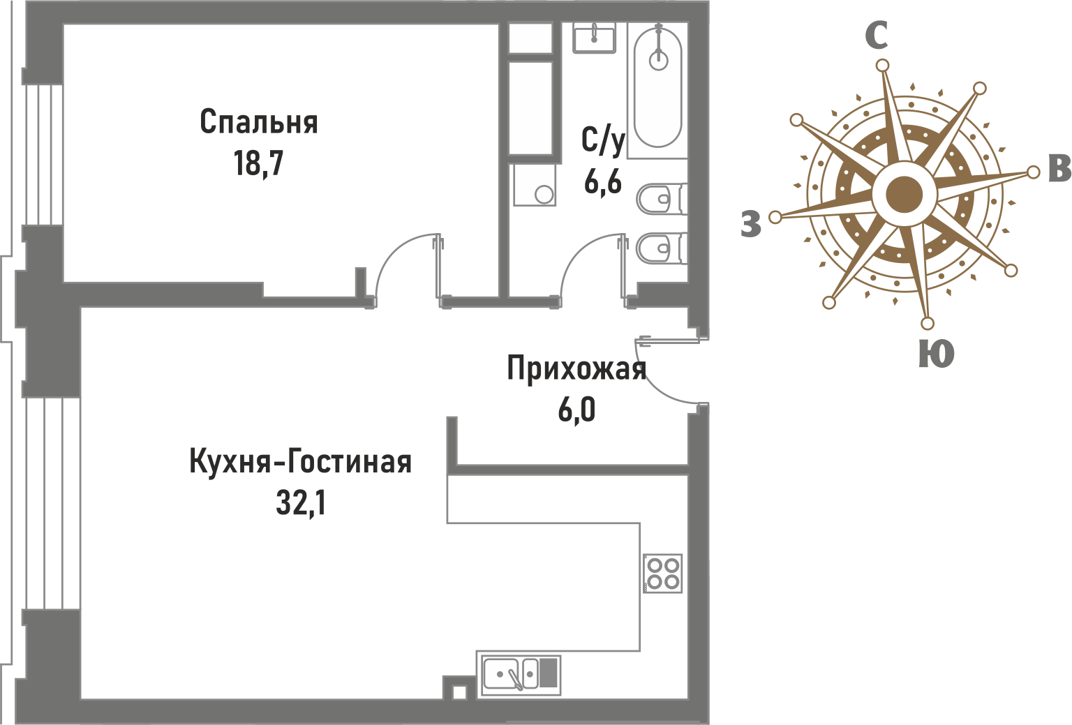 2 комн. квартира, 58.8 м², 4 этаж 