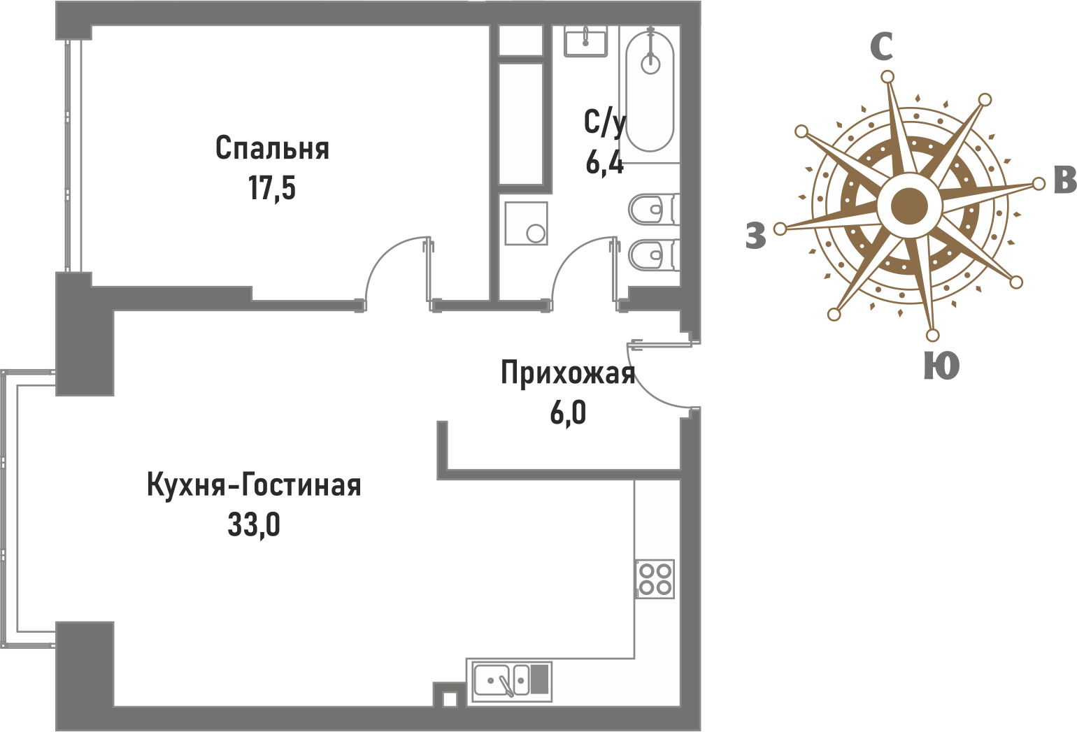 2 комн. квартира, 62.9 м², 9 этаж 