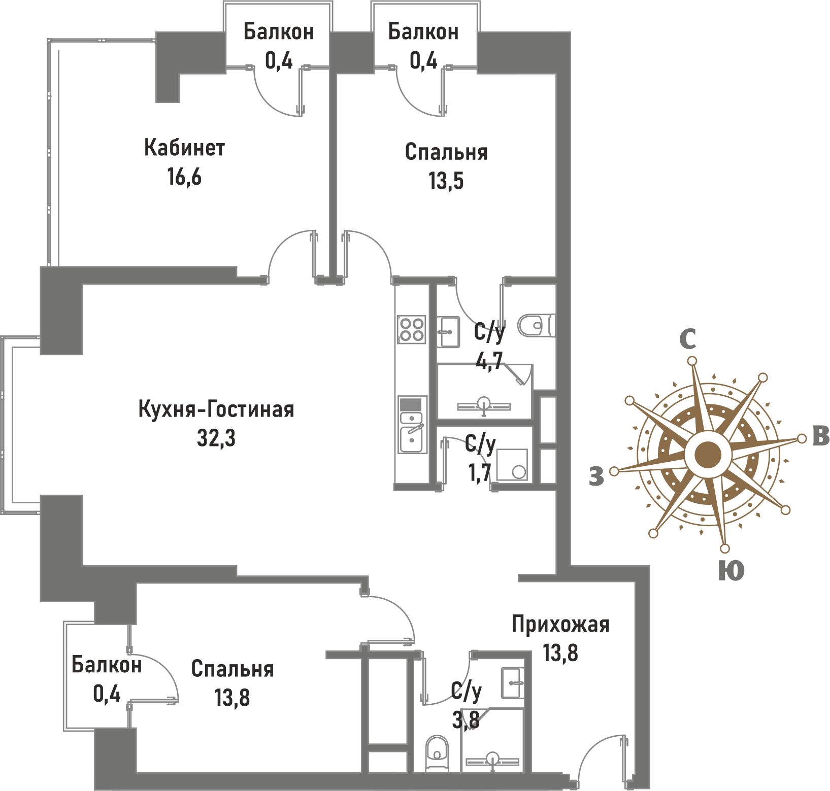 4 комн. квартира, 101.4 м², 12 этаж 