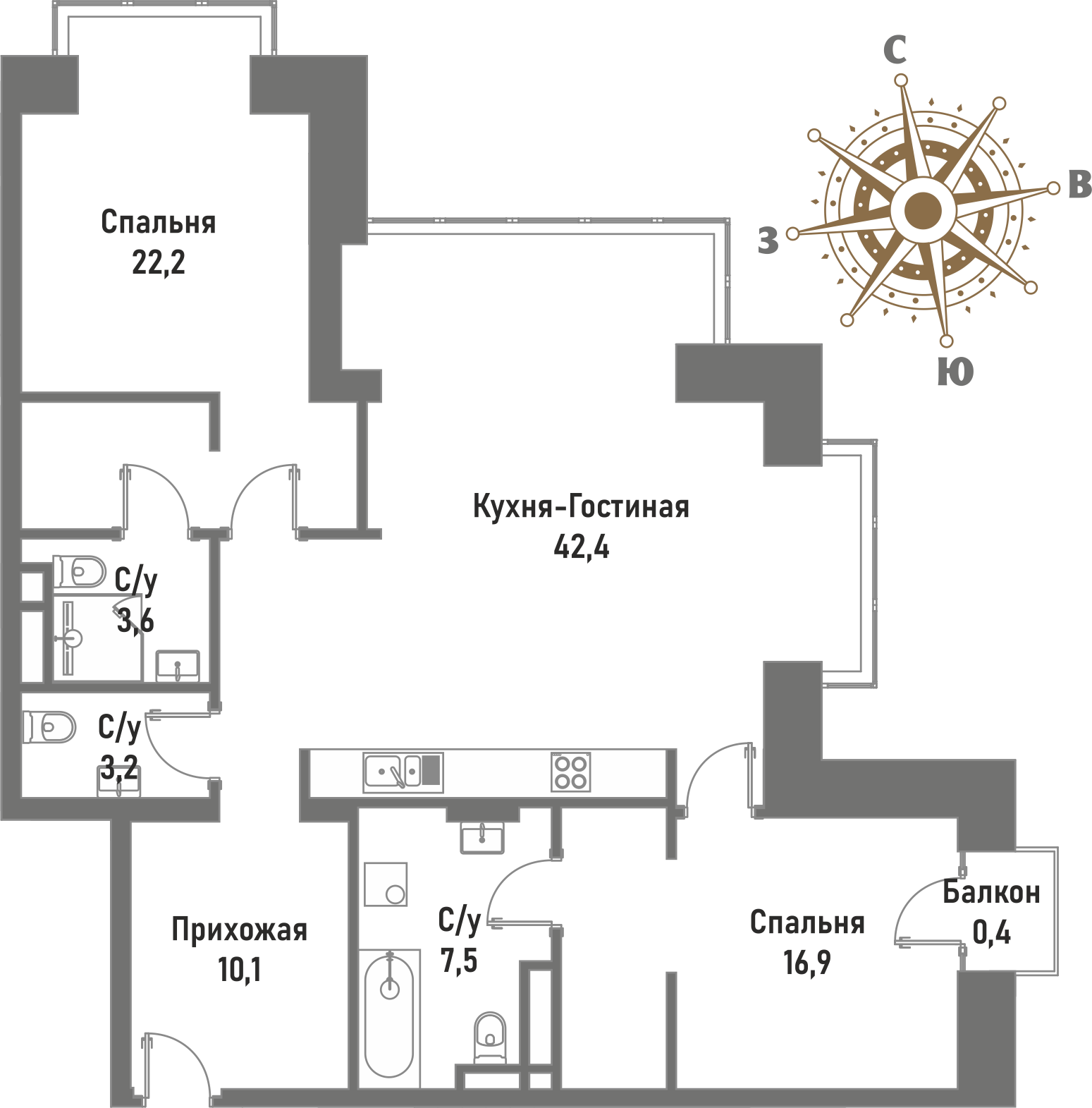 3 комн. квартира, 106.3 м², 13 этаж 
