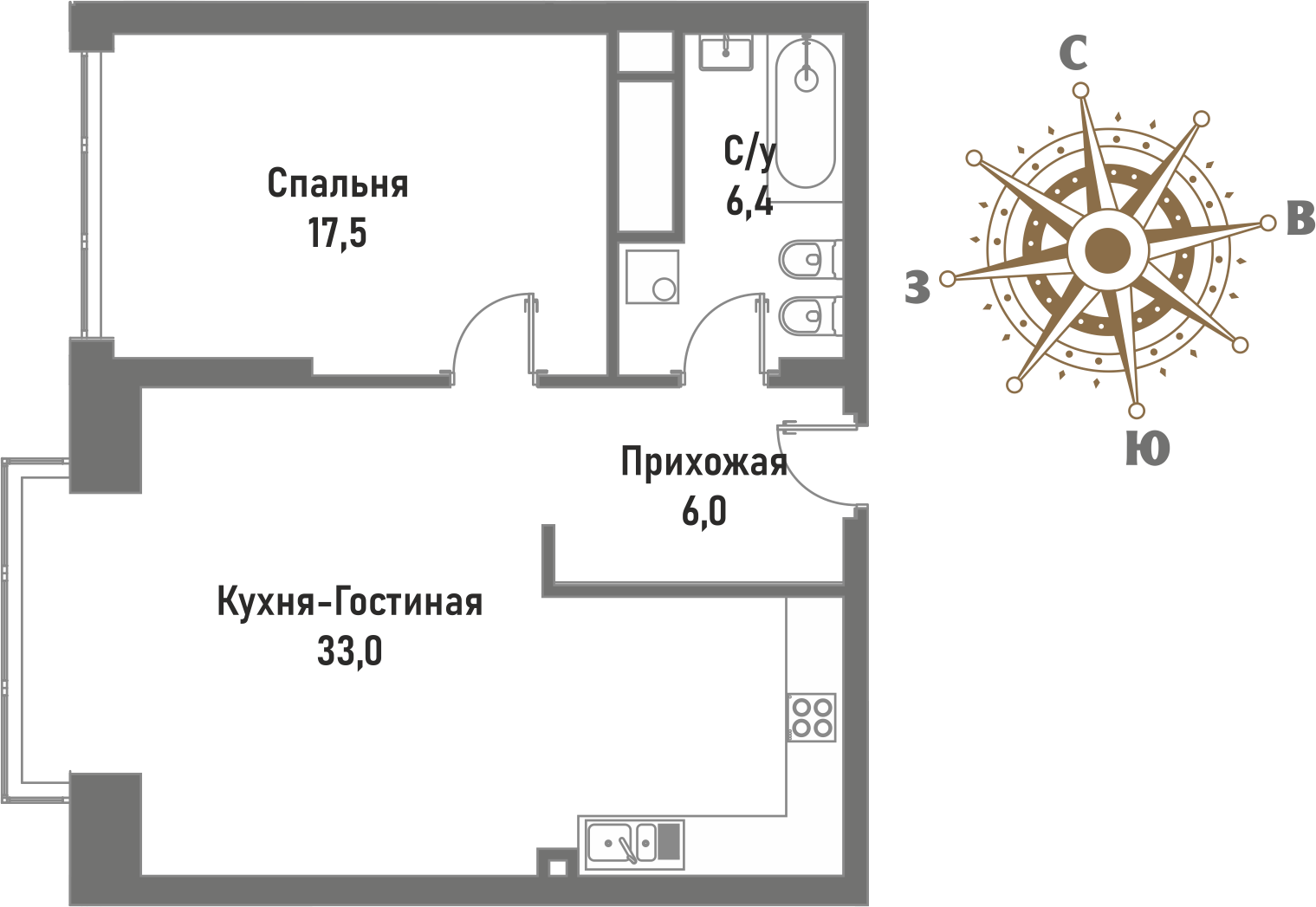 2 комн. квартира, 60.4 м², 15 этаж 