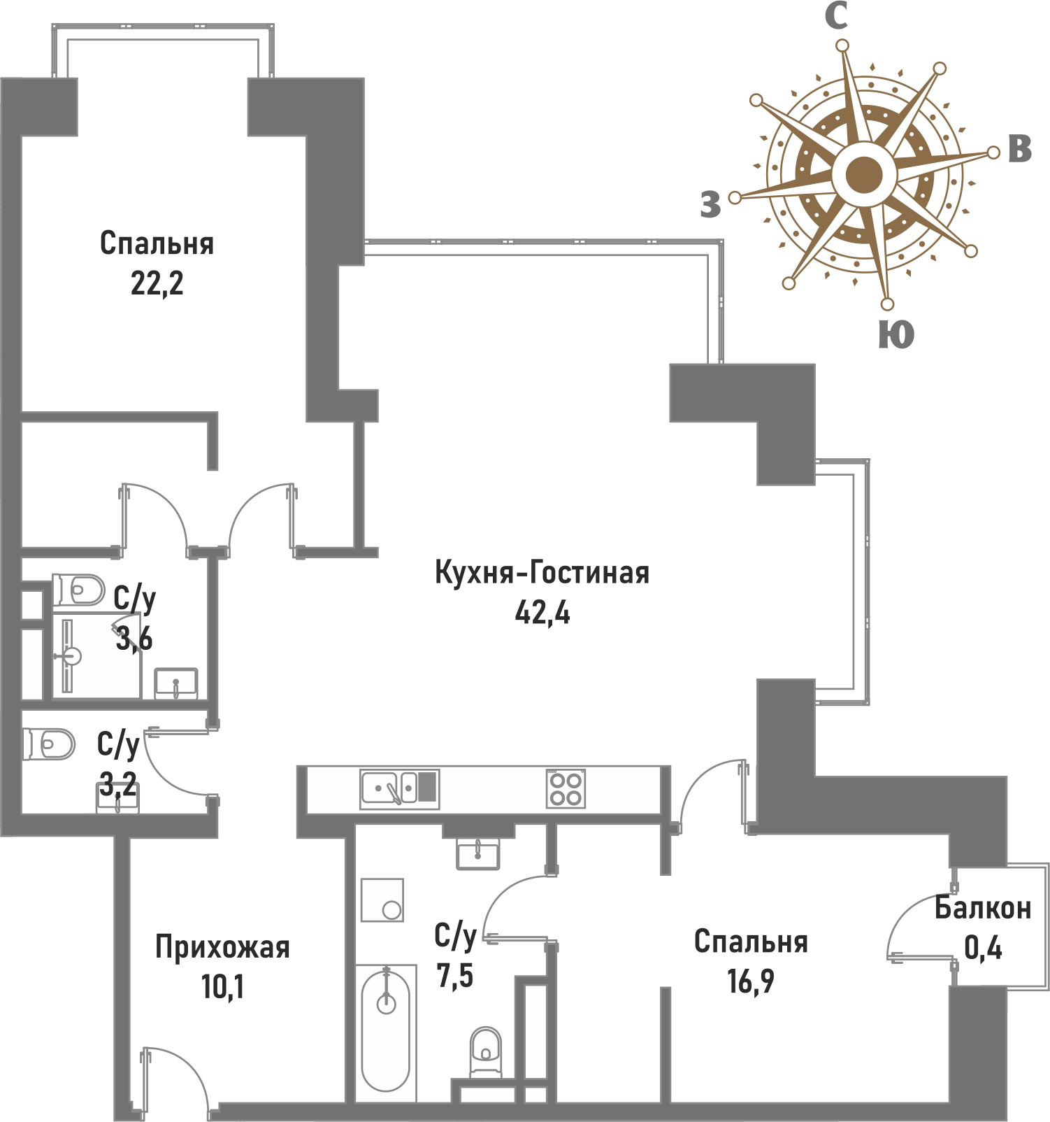 3 комн. квартира, 102.1 м², 15 этаж 