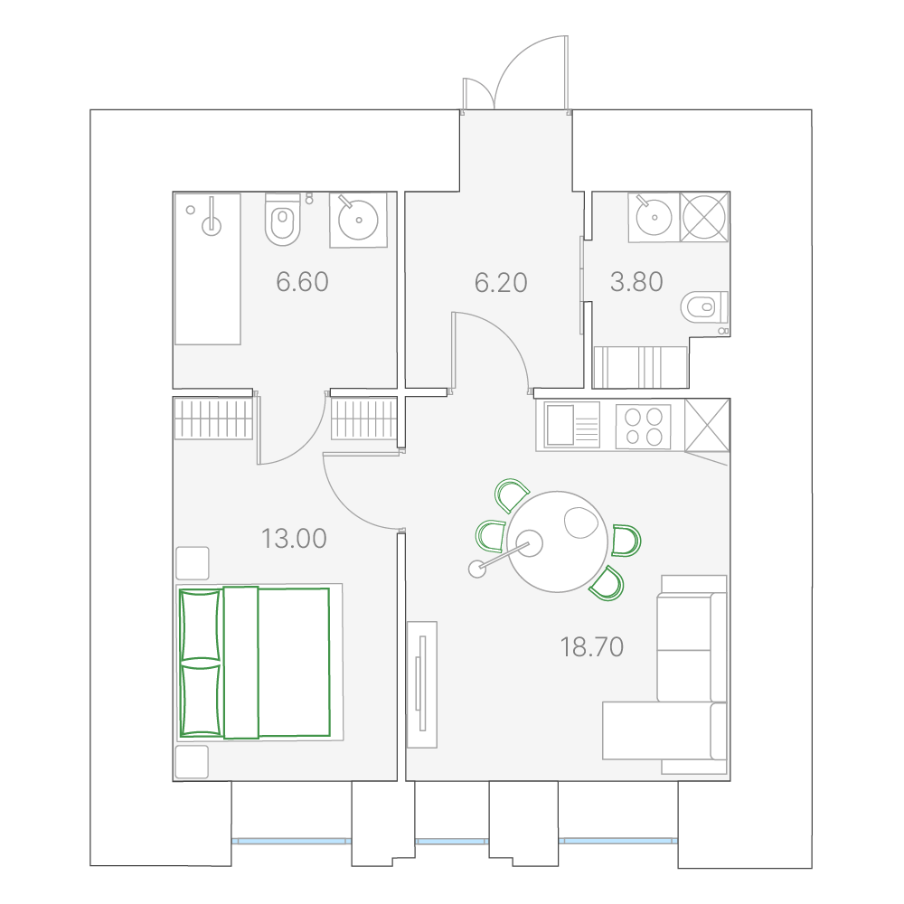 1 комн. квартира, 48.3 м², 2 этаж 