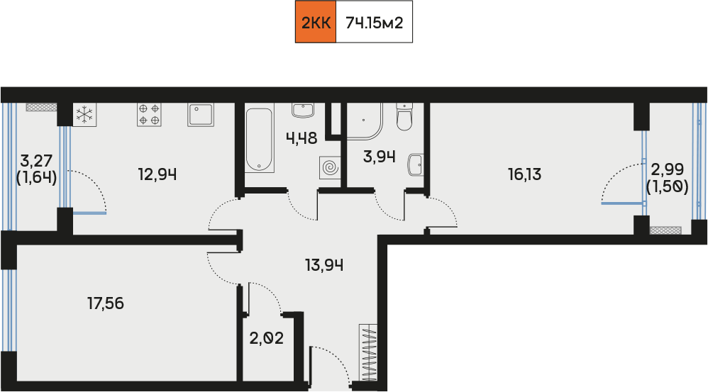 2 комн. квартира, 74.3 м², 3 этаж  (из 9)