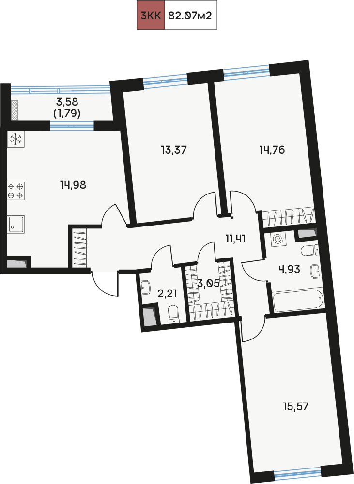 3 комн. квартира, 82.7 м², 3 этаж  (из 9)