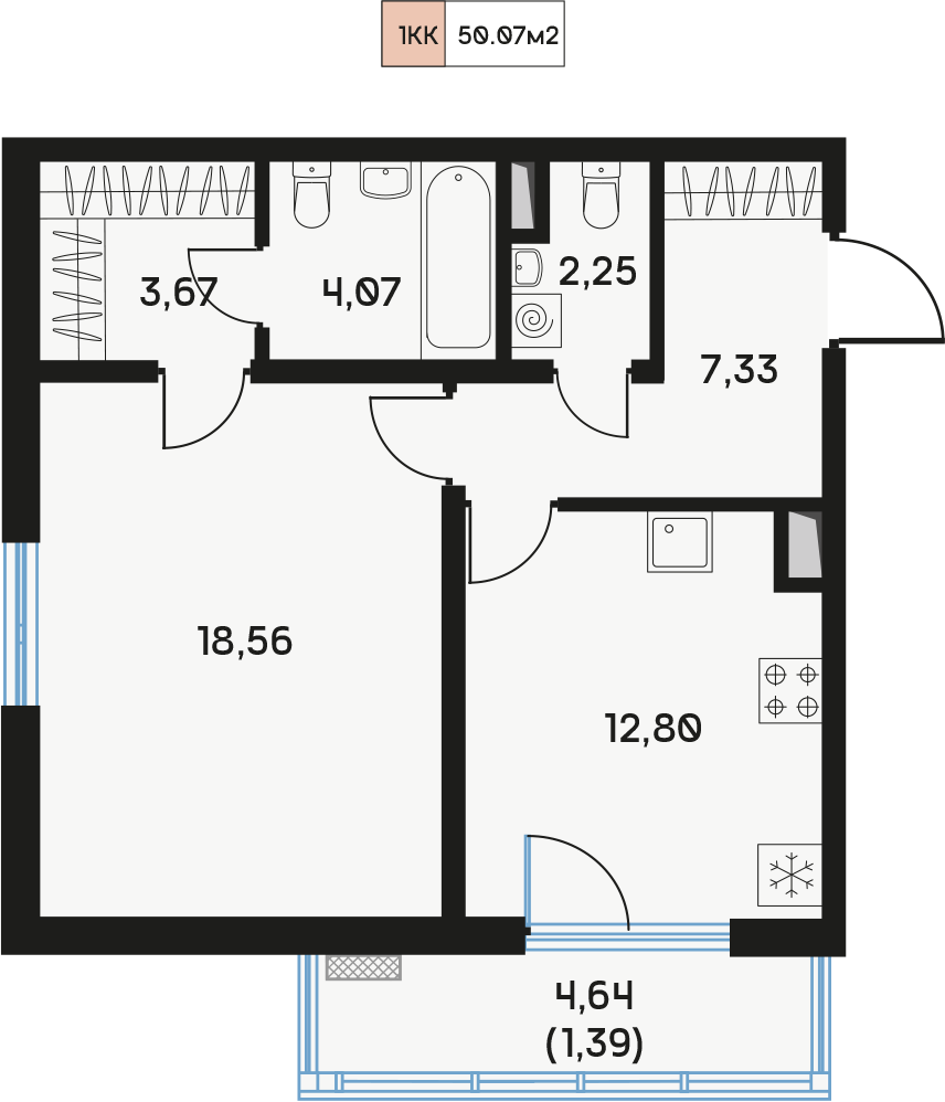 1 комн. квартира, 50.8 м², 4 этаж  (из 9)