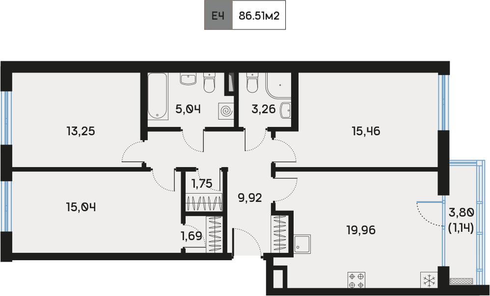 3 комн. квартира, 87.2 м², 4 этаж  (из 9)