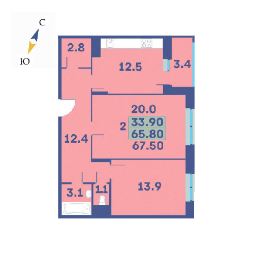 2 комн. квартира, 67.5 м², 4 этаж 