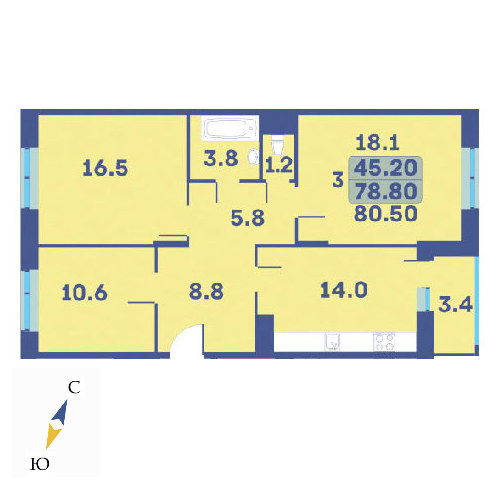 3 комн. квартира, 80.5 м², 3 этаж 