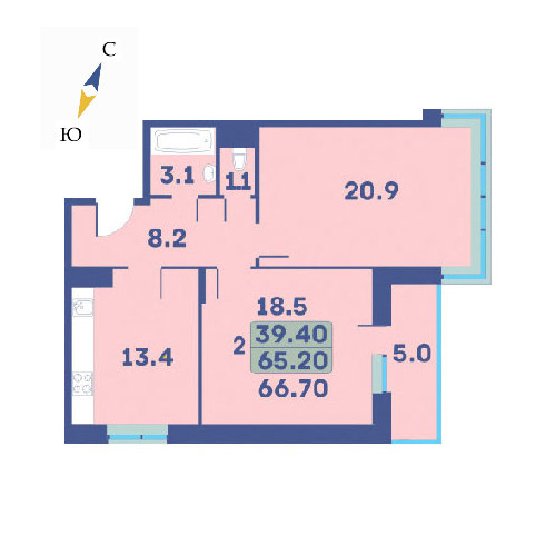 2 комн. квартира, 66.7 м², 3 этаж 
