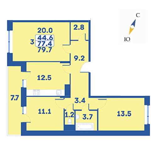 3 комн. квартира, 79.7 м², 7 этаж 