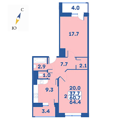 2 комн. квартира, 64.4 м², 9 этаж 