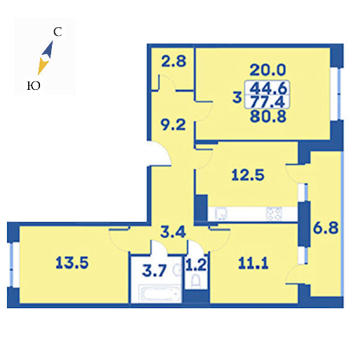 3 комн. квартира, 80.8 м², 7 этаж 