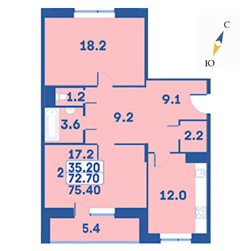 2 комн. квартира, 75.4 м², 5 этаж 