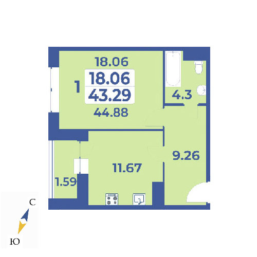1 комн. квартира, 44.9 м², 6 этаж 