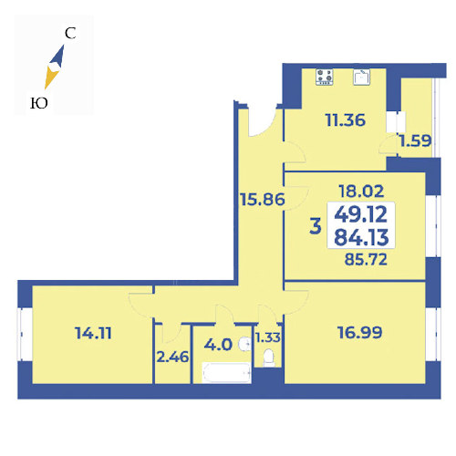 3 комн. квартира, 85.7 м², 5 этаж 