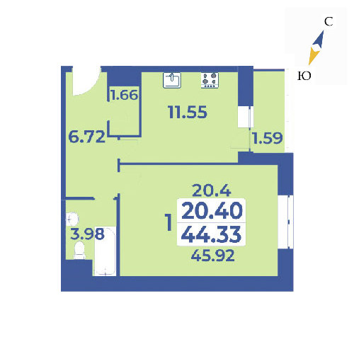 1 комн. квартира, 45.9 м², 5 этаж 
