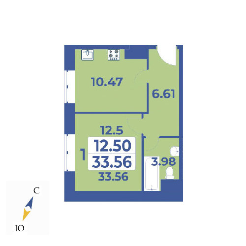 1 комн. квартира, 33.6 м², 4 этаж 