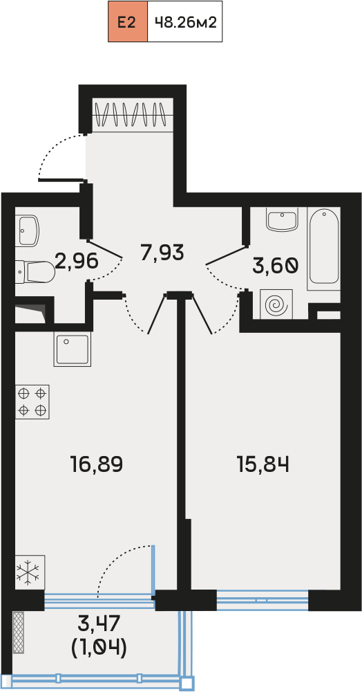 1 комн. квартира, 48.6 м², 4 этаж  (из 9)