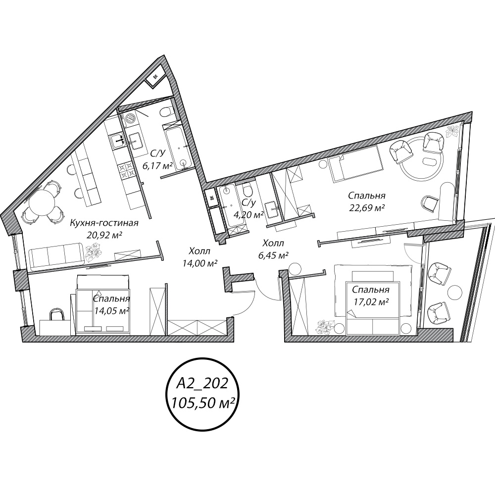 3 комн. квартира, 105.5 м², 2 этаж 
