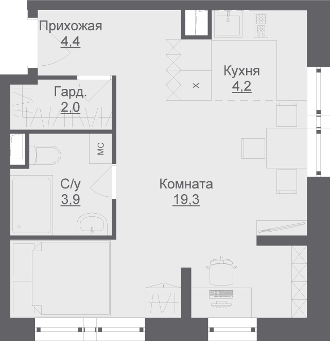 1 комн. квартира, 33.7 м², 2 этаж 