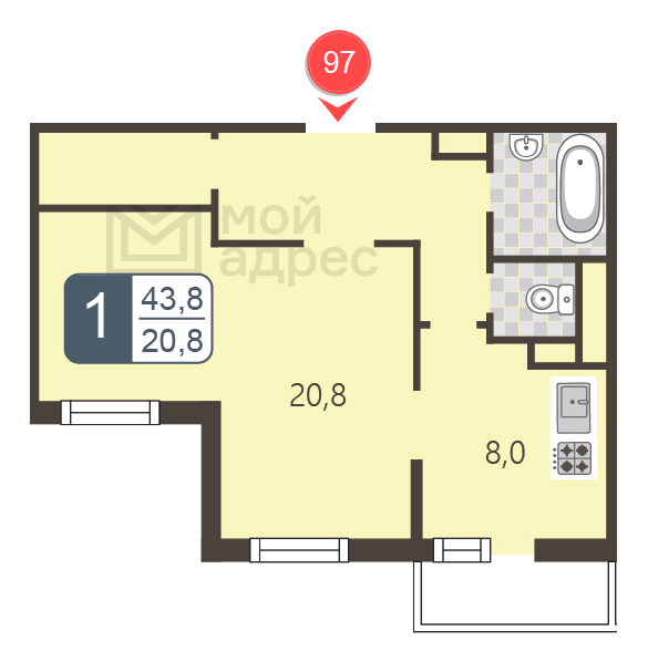 1 комн. квартира, 43.8 м², 3 этаж 