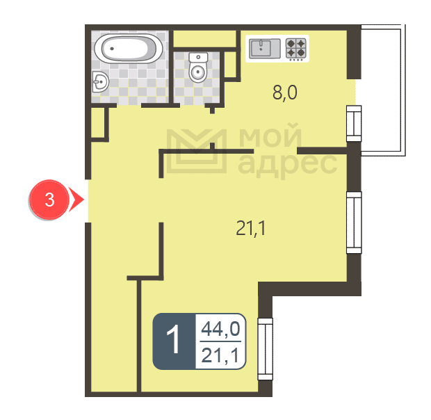 1 комн. квартира, 44 м², 2 этаж 