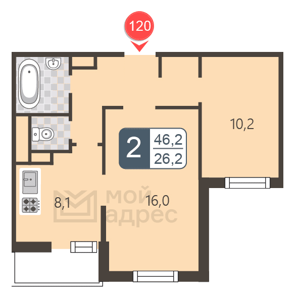 2 комн. квартира, 46.2 м², 9 этаж 